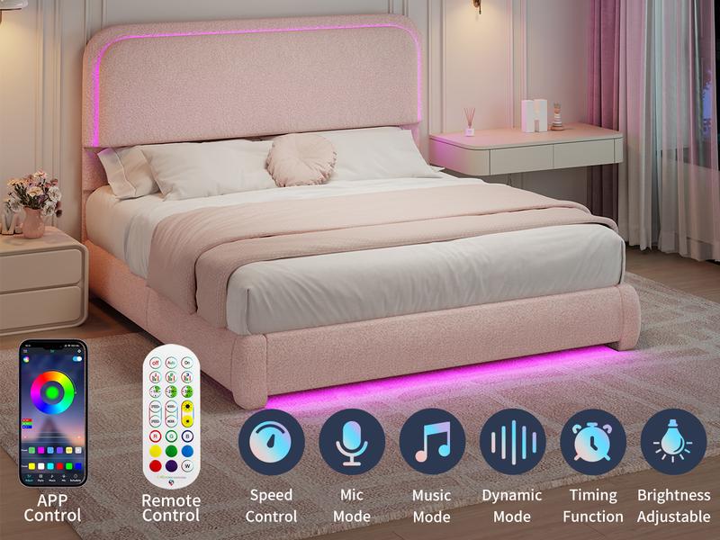 SIBEDS Queen Size Bed Frame with LED Lights, Princess Pink Teddy Fleece Rounded Corner Upholstered Platform Bedframe with Headboard, Modern Style, Soft Rounded Corners, Noise Free, No Box Spring Needed, Easy Assembly