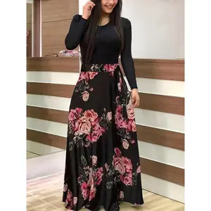Plus Size Contrast Polka Dot Print Medium Stretch Maxi Dress, Women's Plus High Waist Elegant Long Dress