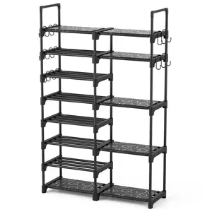 Shoe Rack Organizer, 8-Tier Metal Shoe Rack for Closet Entryway Garage, 26-32 Pairs Tall Shoe Boot Storage Shelf with 15 Hooks, Stackable Large Shoe Stand