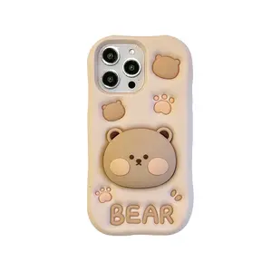 Lovely 3D Bear Hidden Holder Stand Silicone Phone Case for Iphone 11 12 13 14 15 16 Pro Max XS XR X 7 8 plus Cute Girl Cover KASONPAI