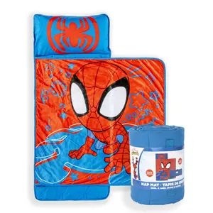 Jay Franco Kids Nap Mat with Embedded Pillow & Blanket  Spidey Soft 46"x20" Microfiber Sleeping Bag with Name Tag & Handle for School, Travel, Sleepover, Red
