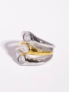 Two-Tone Stacked Bezel CZ Ring — Stainless Steel Gold/Silver Tone Triple Band, Waterproof & Tarnish-Free, Hypoallergenic Women’s Statement Jewelry