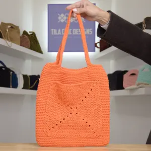 Tila Chic Designs Shoulder Crochet Macrame Cord Front Pocket Orange Tote Bag for Everyday Use