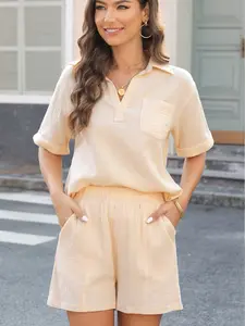 Crinkle Textured Polo Shirt and High Waist Shorts Set, This Short Set is Very Soft, Breathable and Lightweight.