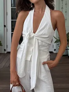 White Halter Neck Crop Top Front Knot Design Sleeveless Tank Tie Detail Elegant Sexy Women's Summer Fashion Piece for 2025