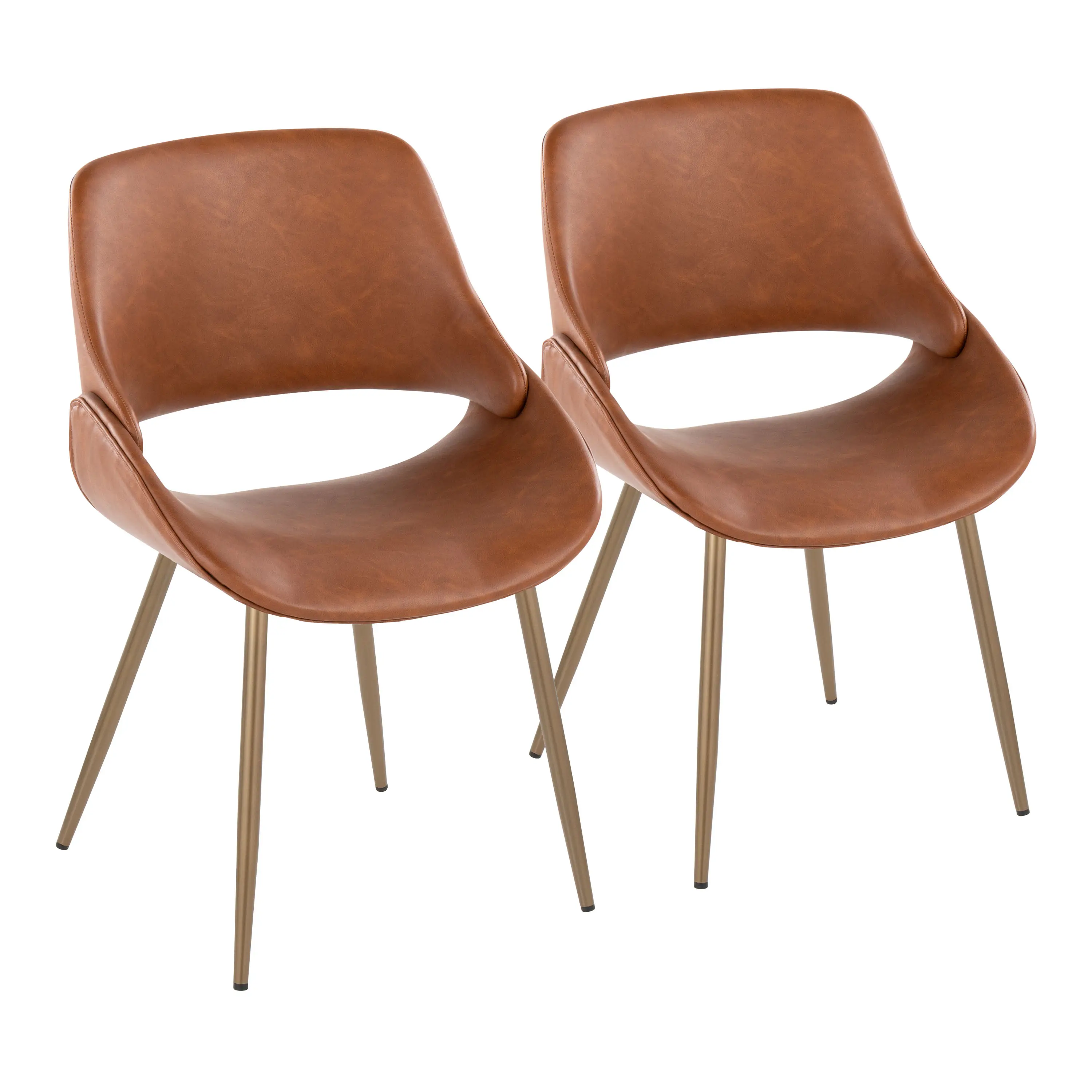 Set of 2 Accent Chairs with Antique Copper Frames and Camel Faux Leather Upholstery, Contemporary Style