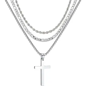 3 Pcs Set Cross Necklace for Men, Mens Cross Necklace Cross Chain Layered Stainless Steel Rope Figaro Chains for Women Boys Gold Silver Black (20inch/22inch)