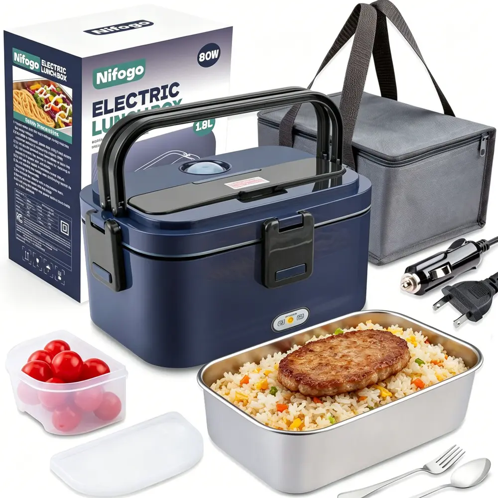 80W Quick Heat Portable Electric Lunch Box Food Warmer, 1.5-3.5L Waterless Heating Safe Stainless Steel Liner Utensil Storage Bag Included
