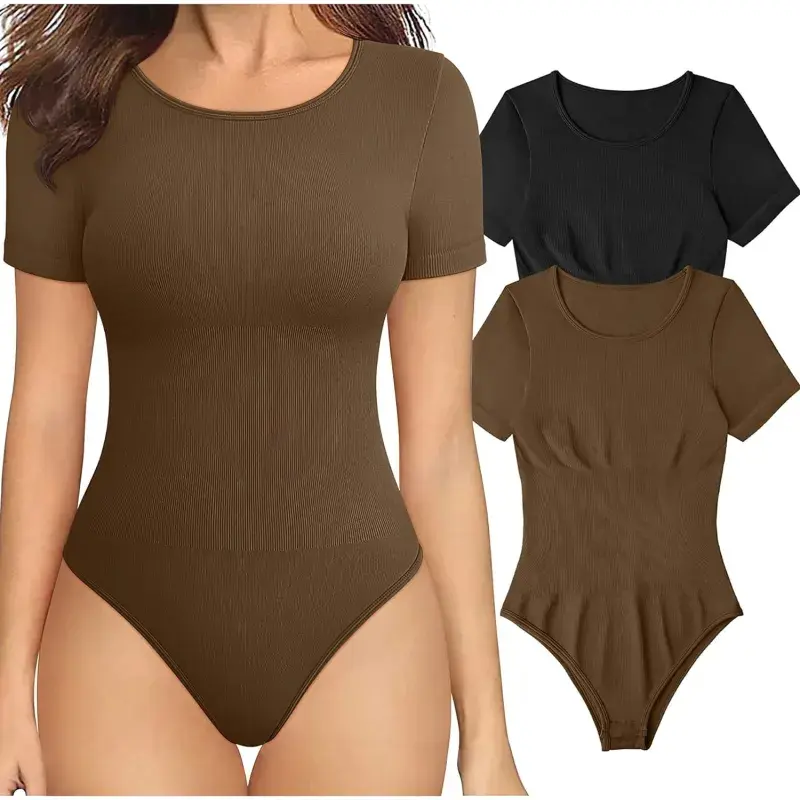 Lady's Basic Seamless Square Neck Short Sleeve Compression Shapewear Bodysuit - Nylon Fabric, Tummy Control, Casual Thong Design, Ordinary Fit, Aggregation Support, Crew Neck Option, Machine Wash, L Xl, Women, Pull On, Bodysuit Shapewear