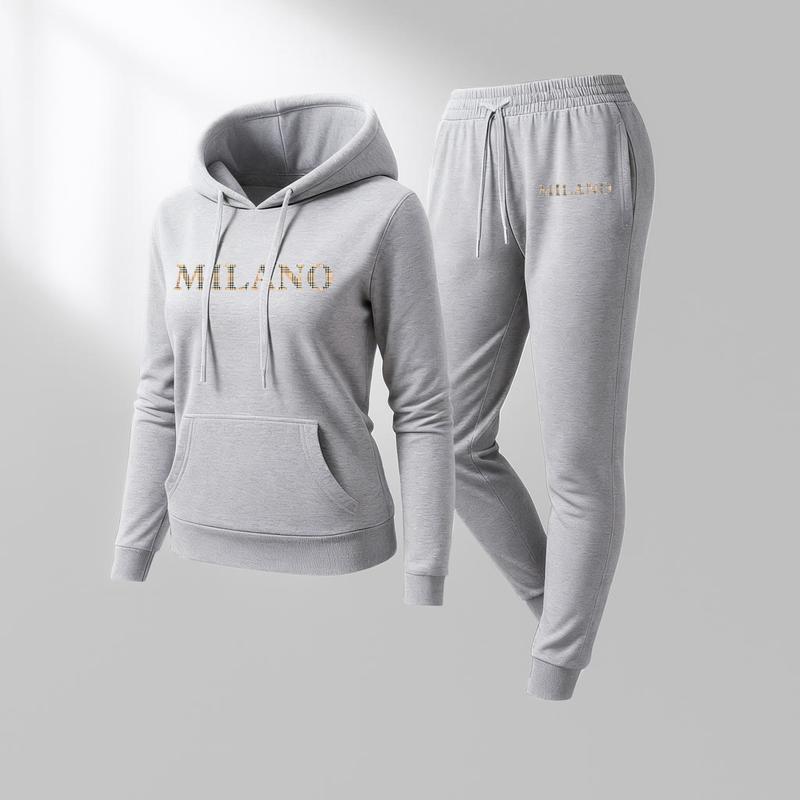 Women's MILANO Print Hoodie And Drawstring Track Pants Set, Casual Sportswear, Long-Sleeved Hooded Jacket And Pants, Suitable For Autumn And Winter, Everyday Wear, Indoor And Outdoor Sportswear, Casual Sportswear.