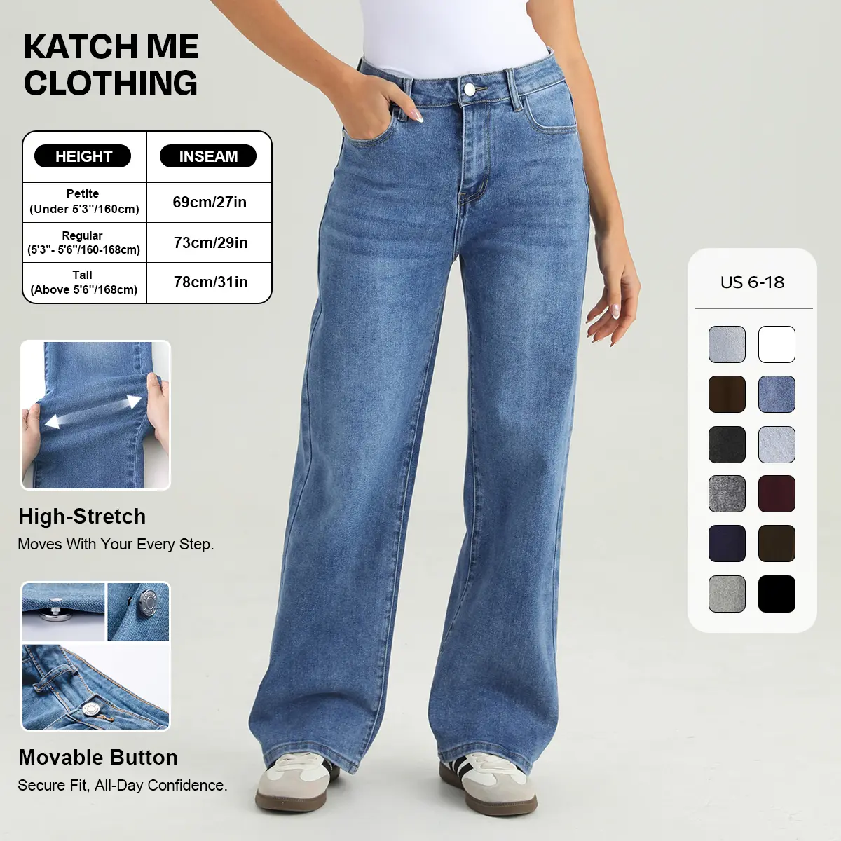 KATCH ME Women's Baggy Jeans, High Waist Wide Leg Streetwear Bottoms in Stretch Denim, Loose Fit Minimalist Style with Multiple Pockets