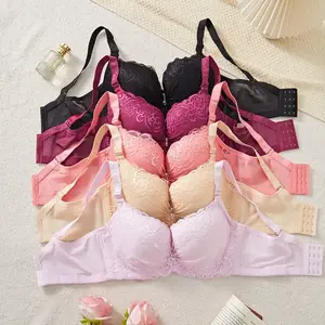 Plus Size Solid Color Lace Bra Women’s Lingerie for Daily Wear Breathable Adjustable Strap Push-Up Bra 38C–46C Minimalist V-Neck Basic Black Burgundy Big Red Pink Apricot Women’s Fashion Casual
