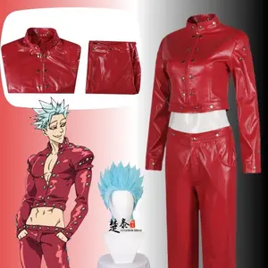 )(*Anime The Seven Sins Ban COS Costume PU Coat Party The Deadly Sins Costume Blue Wig Halloween Costumes Adult@COSSTORE COOL@!