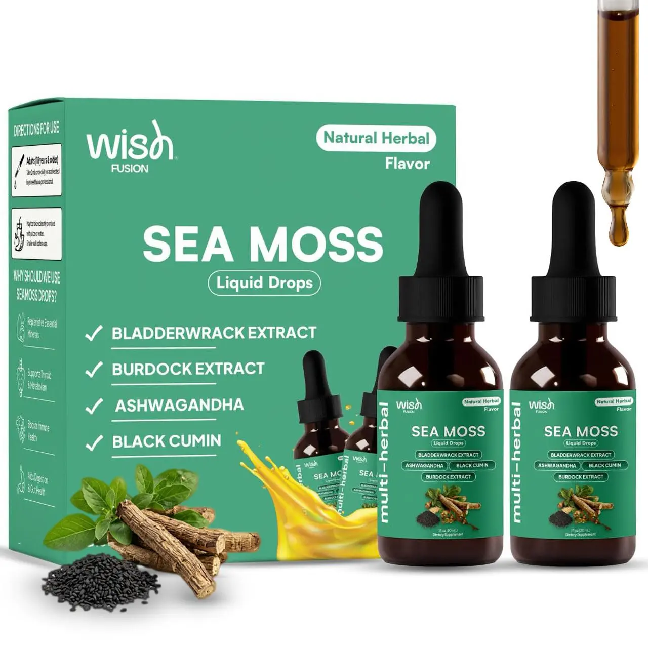 Wish Fusion Sea Moss Liquid Drops Organic Irish Sea Moss with Ashwagandha & Burdock Root, Liquid Sea Moss Supplement for Immune Support & Energy, Natural Flavor 30mL 2-Pack Women & Men