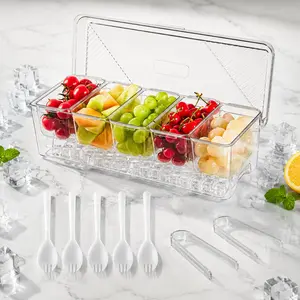 Ice Chilled Stackable Condiment Caddy with Lid, 5 Removable Compartments Serving Platter, Food Storage Container Set with 5 Serving Spoons & 2 Clips for Party BBQ Picnic Buffet Cold Food Organizer
