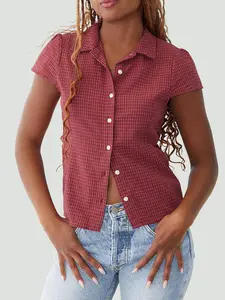 This Burgundy Plaid Button-Down is Summer Casual Cool  Cropped Short Sleeve Blouse