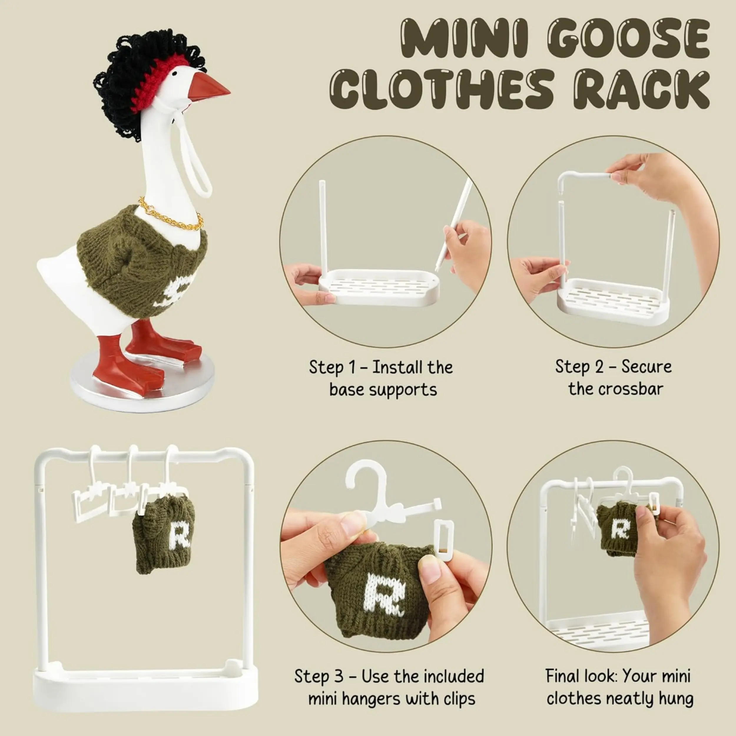 Mini Clothes Rack with 5 Hangers for 7 Inch Desk Goose Statue, Small Doll Clothing Organizer Stand with Storage Tray, Desktop Goose Outfit Display Holder