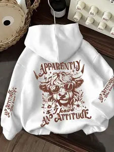 Women's Hooded Knitted Sweatshirt with Cartoon Cow Print, Long Sleeve Korean Street Style Casual Pullover, Fall & Winter Fashion, Multiple Colors Available