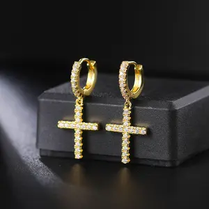 Dainty Huggie Hoop Dangle Earrings for Women, Small Hypoallergenic Hoop Earring with Charm Cross Earrings, CZ Huggie Drop Earrings for Teen Girls