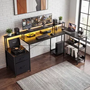 75" Reversible L-Shaped Gaming Desk with Power Outlet and LED Strip, Computer Desk with Storage Shelves for Home Office