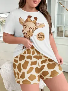 Women's Plus Size Leopard Print Knit Sleepwear Set, Casual Comfortable Short Sleeve Shorts Pajamas, All Seasons Home Wear