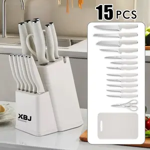 Knife Set, 15 Piece Kitchen Knife Set with BlockSelf Sharpening, Stainless Steel Dishwasher SafeAnti-slip Handle, White Utensils Kitchenware Cutting