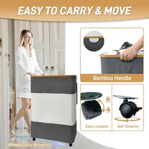 150L Laundry Hamper 3 Section, Large Divided Laundry Basket with Wheels and Lid, Tall Dirty Clothes Hamper with Bamboo Handles and 3 Removable Bag for Bedroom, College Dorm, Bathroom, Grey