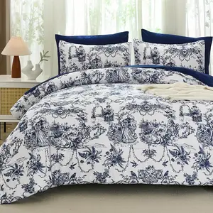 Cobalt Blue Comforter Set  Size 7 count Toile de Jouy Botanical Bed in a Bag Boho Comforter Set with Sheet, Pillowcases, Pillowshams, Soft Microfiber Bedding Set for  Season 90''x90''