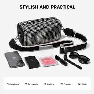 Silver Rhinestone Cylinder Crossbody Bag, Women's Sparkly Shoulder Purse with Adjustable Wide Strap, Zipper Closure Handbag for Daily Use, Commuting and Casual Outings