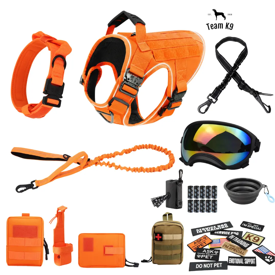 10-In-1 Tactical K9 Harness System - Full Harness Bundle (Includes: Tactical No-Pull Dog Harness + Bungee Leash + Collar + MOLLE Pouches + First Aid Kit + 12 Hook & Loop Patches + Dog Goggles + Safety Belt + Travel Water Bowl + Dog Waste Bags & Pouch)