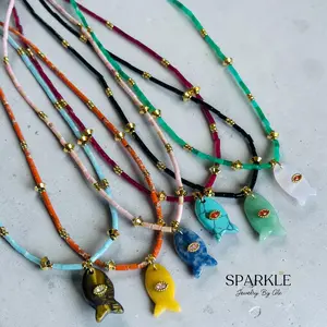 Marina Fish Necklace | Stainless Steel 18k gold plated | Natural Stone| 16.5”+2” long 