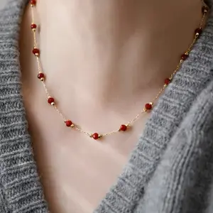French vintage style red spinel beaded necklace, titanium steel electroplated gold, high-end women's collarbone chain, light luxury A10196-XL