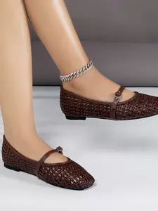Women's Summer New Hollow Out Low Heel Shoes, Lightweight Flats Footwear, Woven Ballet Flat, Fashion Mary Jane, Breathable College Style, Casual Comfort