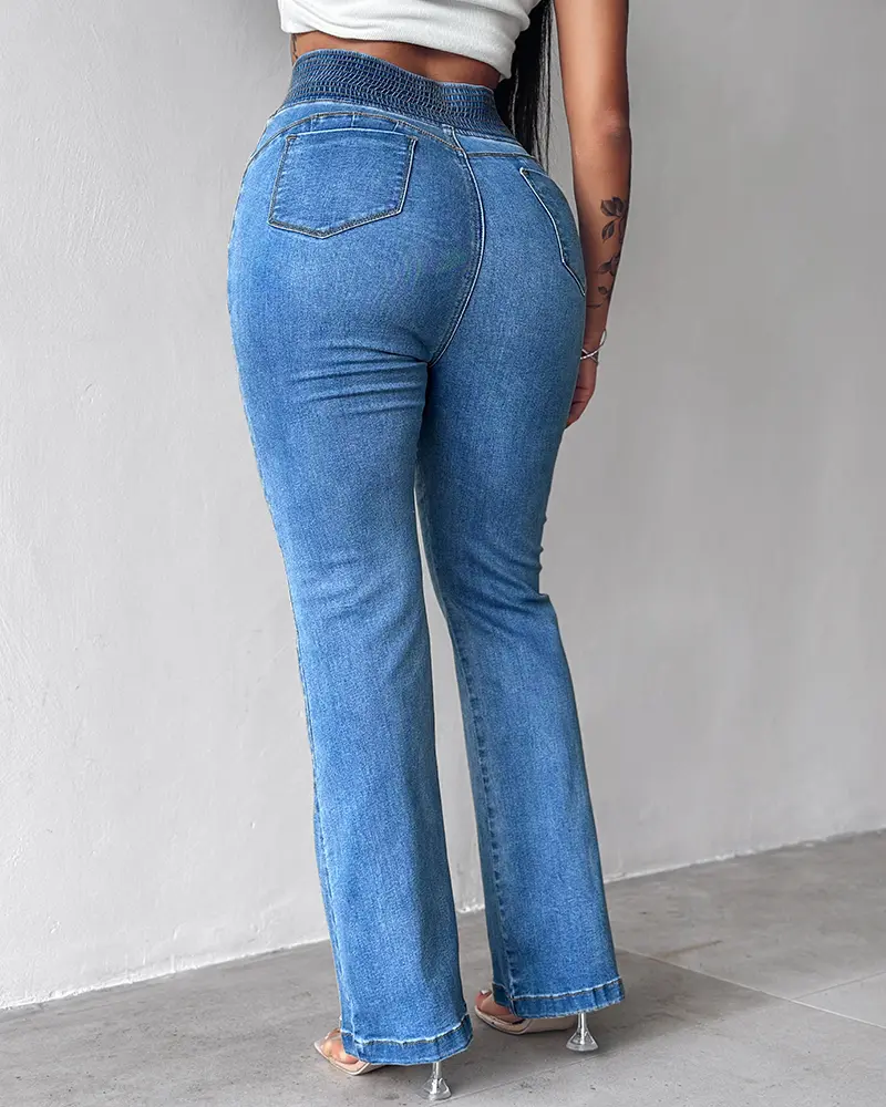 CHICME 2026 Women's Back Shirred Button Front Jeans High Waist Pants with Pockets/High Waist Button Front Shirred Jeans