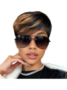 Short Straight Pixie Cut Wig Ombre 1B/30 Human Hair With Bangs 150% Density Full Machine Made Wigs For Women Fashion Wig