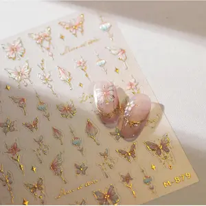 Butterfly Nail Art Stickers Flower Nails Decals with Gold Design Pink Floral Nail Sticker for Nails Art 5D Embossed Self Adhesive Nails Charms for Women Girls Manicure DIY Decoration