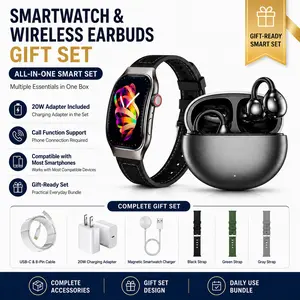 All-in-One Smartwatch Gift Set with Wireless Earbuds, Fast Charging Adapter, Magnetic Charger & Multi Cables, Smart Watch for Men Women Compatible with iOS Android, Everyday Fitness Watch Bundle Gift FathersDayGift