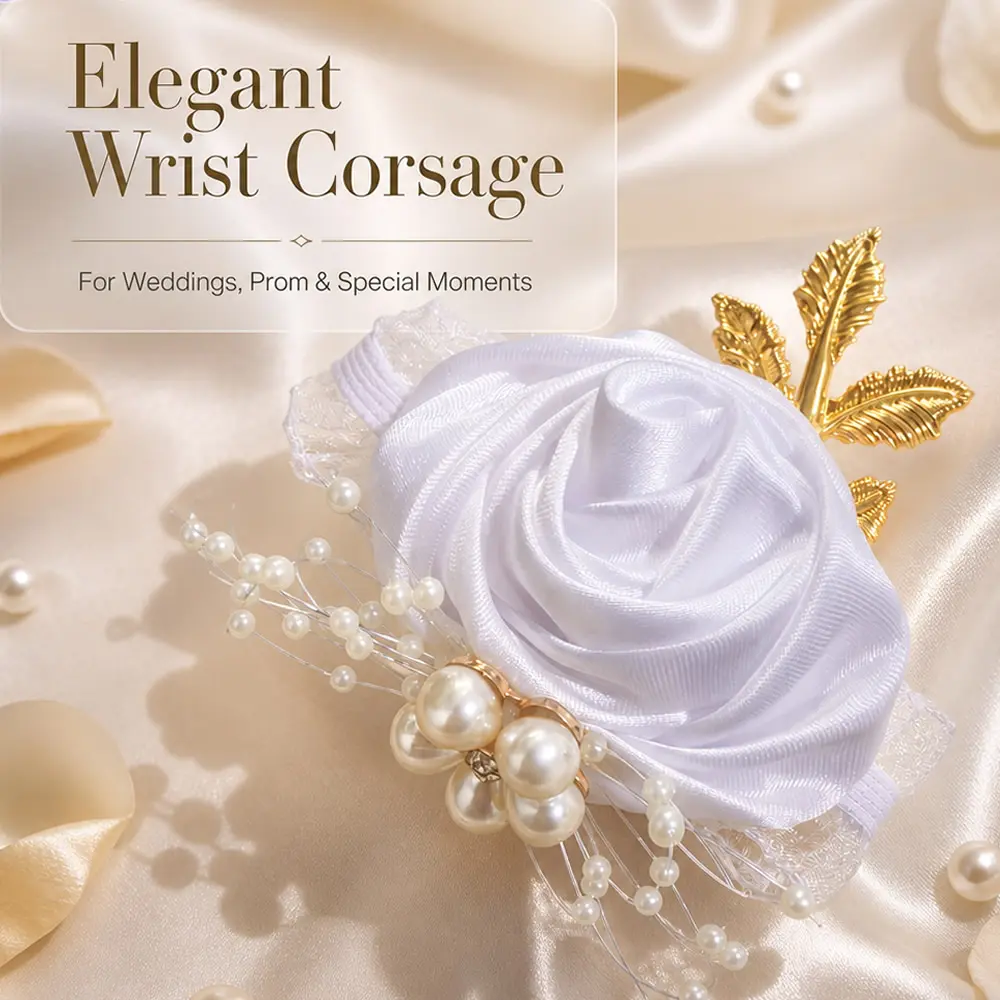 Wedding Wrist Corsage, Satin Rose Exquisite Bracelet with Pearls and Gold Leaves, Bridal Bridesmaid Flower Wristband for Prom Party, Pretty Bracelet