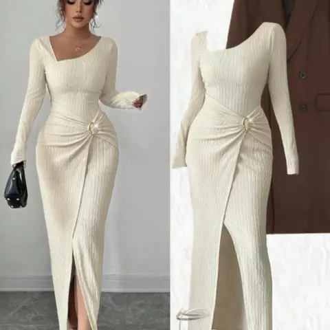 Women's Solid Color Twisted Long Dress, Elegant Asymmetric Neckline Long Sleeve Knitted Texture Fitted Bodycon Slit Design Dress, Elegant Formal Fall Winter, Elegant Cocktail Dress, Elegant Evening Wear
