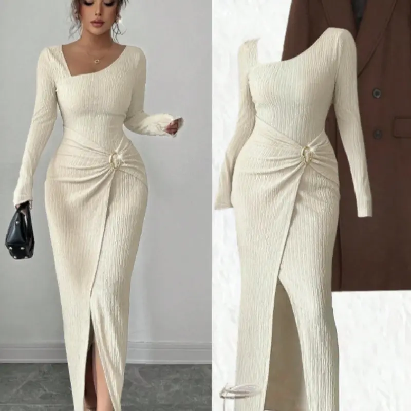 Women's Solid Color Twisted Long Dress, Elegant Asymmetric Neckline Long Sleeve Knitted Texture Fitted Bodycon Slit Design Dress, Elegant Formal Fall Winter, Elegant Cocktail Dress, Elegant Evening Wear