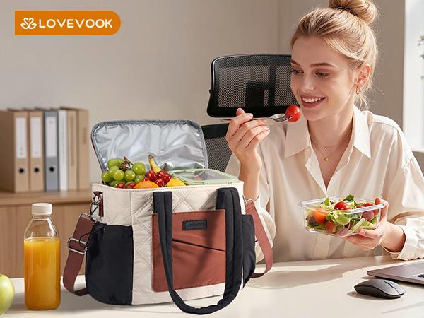 LOVEVOOK Lunch Box for Women, Quilted Insulated Lunch Bag Tote with 40oz Water Bottle Holder, Large Leakproof Cooler Bag for Women with Shoulder Strap, Work Office Nurse Teacher Picnic Travel