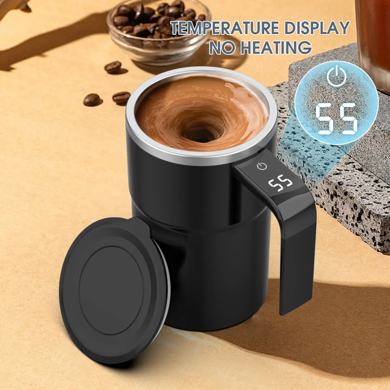 Rechargeable Magnetic Smart Coffee Drink Cup - 380ml Auto Stir Reusable Travel Mug with Digital Temperature Display for Coffee, Beverages (Camping & Hiking Camp Kitchen Use)