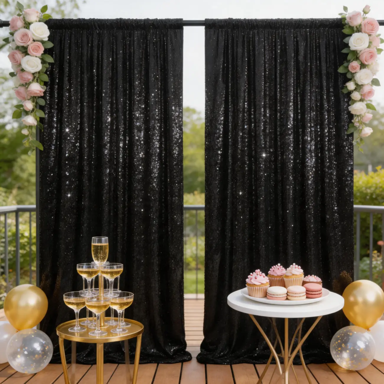 2-Panel 4x8FT Black Glitter Sequin Backdrop Curtain, Luxe Sparkle Fabric for Gothic Reception, Christmas Events, Business Photo Studio Props, Window & Wall Decor, Banners