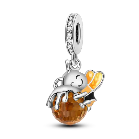 MULA Cute Bee Charm with Amber Honey Pot & CZ, S925 Silver Plated, Luminous Glow Animal Dangle Bead, Fits Most Bracelets & Necklaces, Gift for Her, Birthday, Bee Lover, Summer, DIY Jewelry