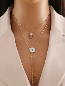 Vintage Stainless Steel Dual Layer Chain Devil Eye Pendant Necklace, Fashion Design Women Party Vacation Personalized Jewelry