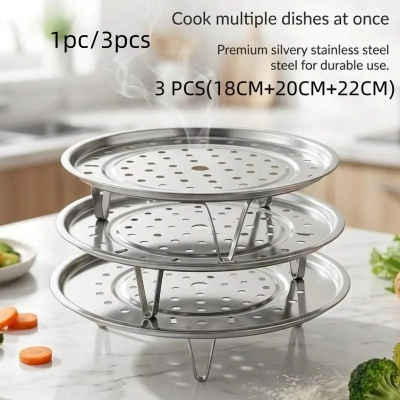 Stainless Steel Steaming Tray Set, Vegetable Steamer, 1/3 Piece Multi-Size (18/20/22cm), Universal Perforated Trays with Legs, Ideal for Vegetables, Dumplings, Seafood