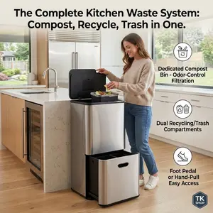 Garvee 16 Gallon Dual Compartment Trash Can 60L Stainless Steel Recycling Bin Combo With Wheels Pull Out Step Bin With Odor Control And 2 Removable Buckets