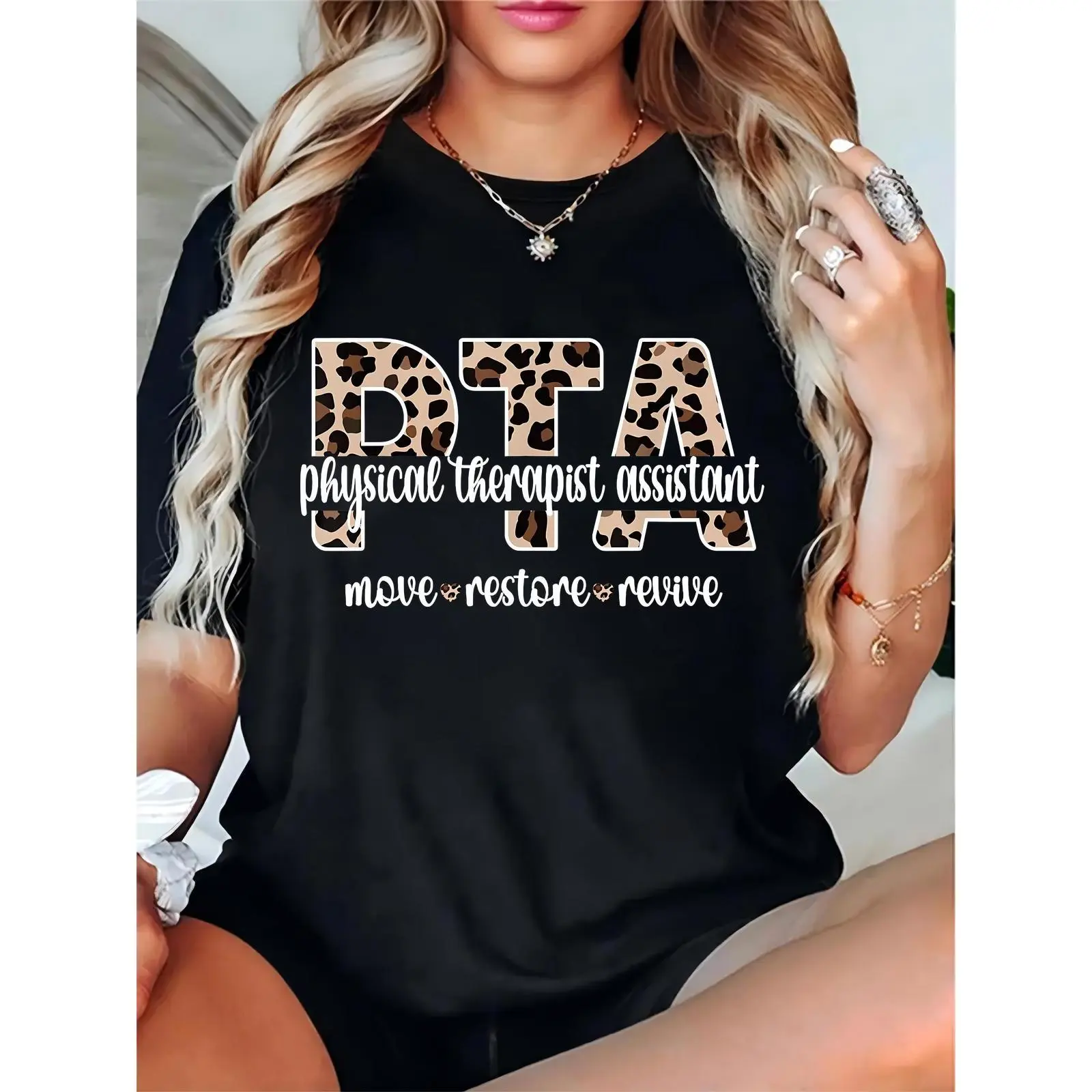 Women's Leopard Print PTA Graphic T-Shirt, Casual 100% Cotton Crew Neck Top for Physical Therapist Assistants, Lightweight Breathable Workwear, Shortsleeve, Round Neck, Skirts, Comfortable, Relaxed Fit, Pure Cotton, Loose-Fitting
