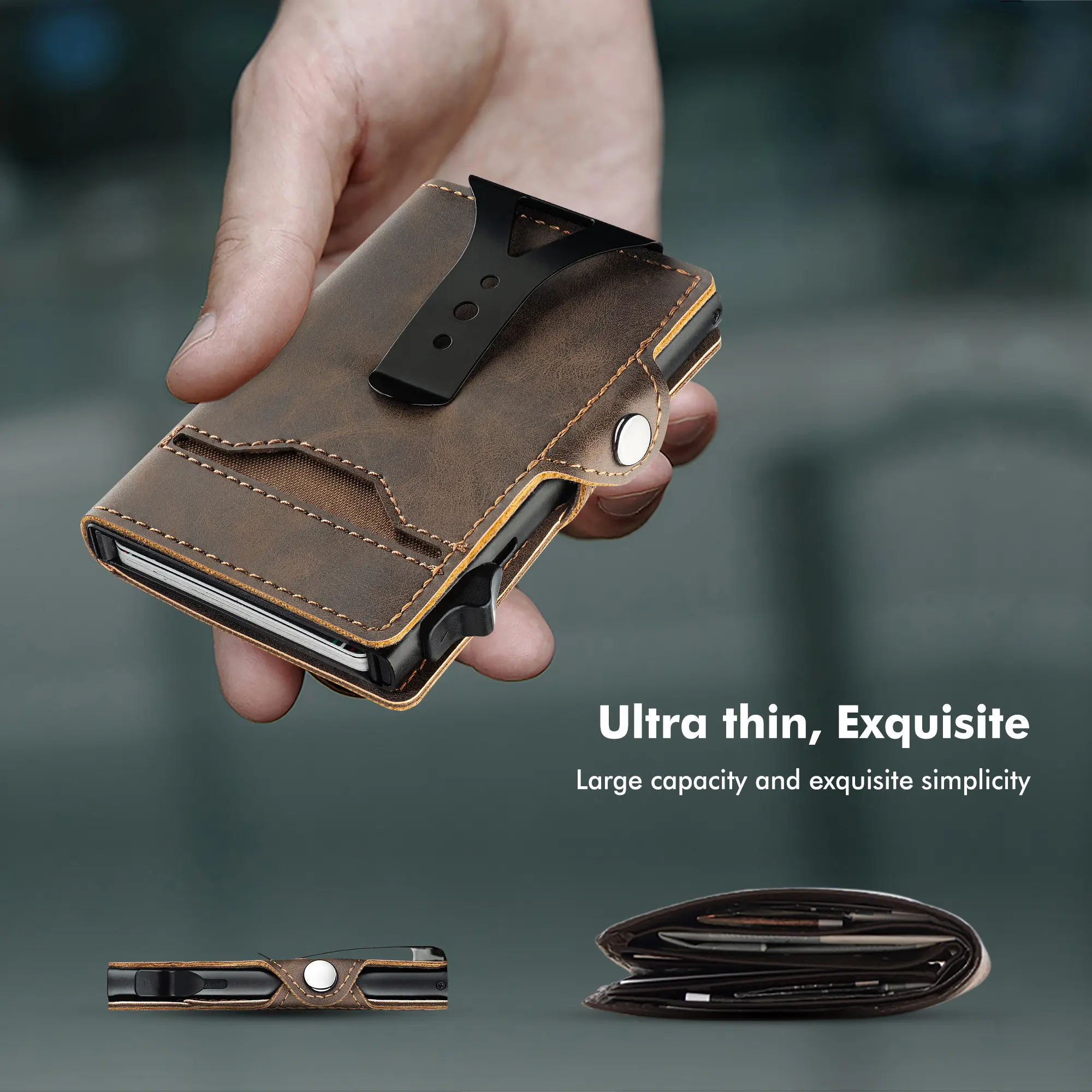 CaseKey Men's Pop Up Case, Cash Slot, and Credit Card Slot - Aluminum Wallet with RFID Blocking, Minimalist Leather Wallet Front Pocket with ID Window, Gift Box, Money, Mens Wallet