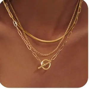 Popular Gold OT Clasp Layered Necklace for Women with Cubic Zirconia, Sliding Chain and Curved Clasp Jewelry